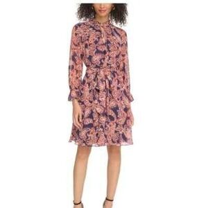 NWT $129 Vince Camuto Navy Paisley Multi Print LS Midi Dress With Belt Size 6